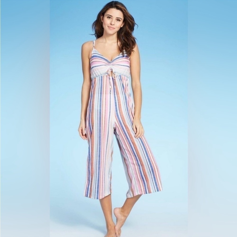 NWT Xhilaration Jumpsuit Medium Multicolor White Blue Pink Orange Stripe Cropped